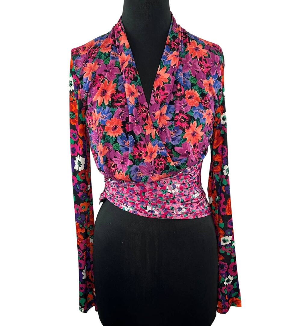 ZARA Multicolor Floral Print Cross V Neck Patchwork Top with Shoulder Pads S